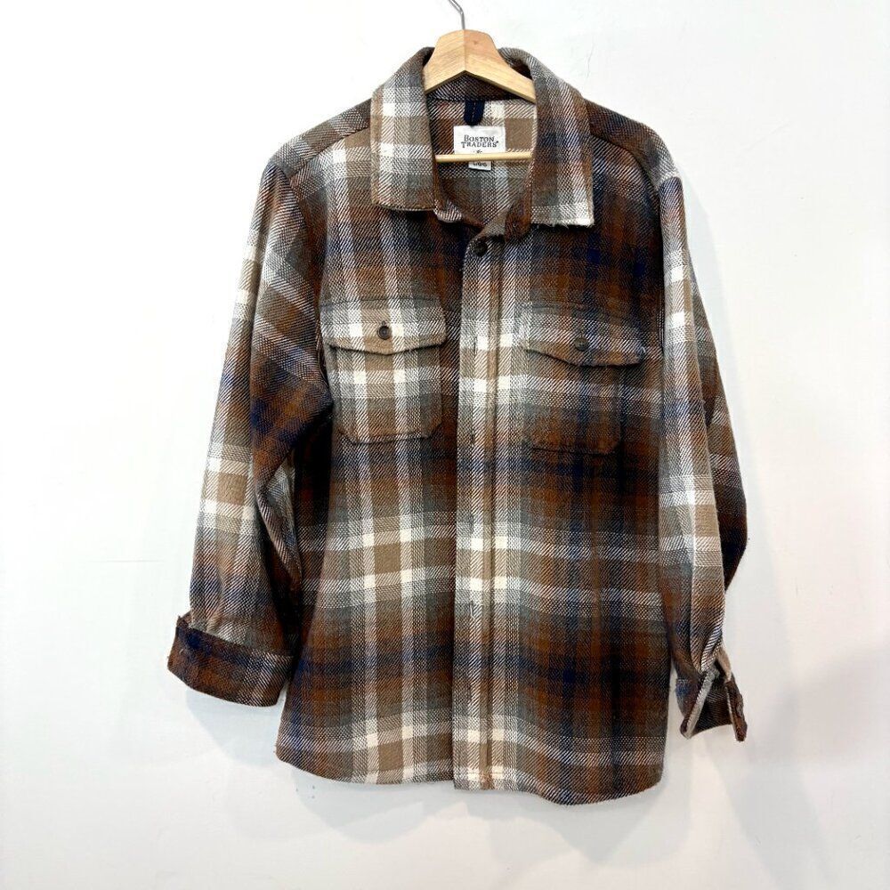 Boston Traders Brown Herringbone Plaid Overshirt Heavy Weight Shirt sz L